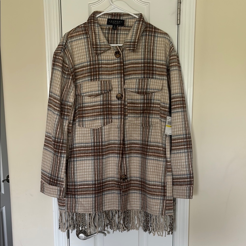 Laundry By Shelli Segal Brown and Cream Utility Jacket with Bohemian Fringe